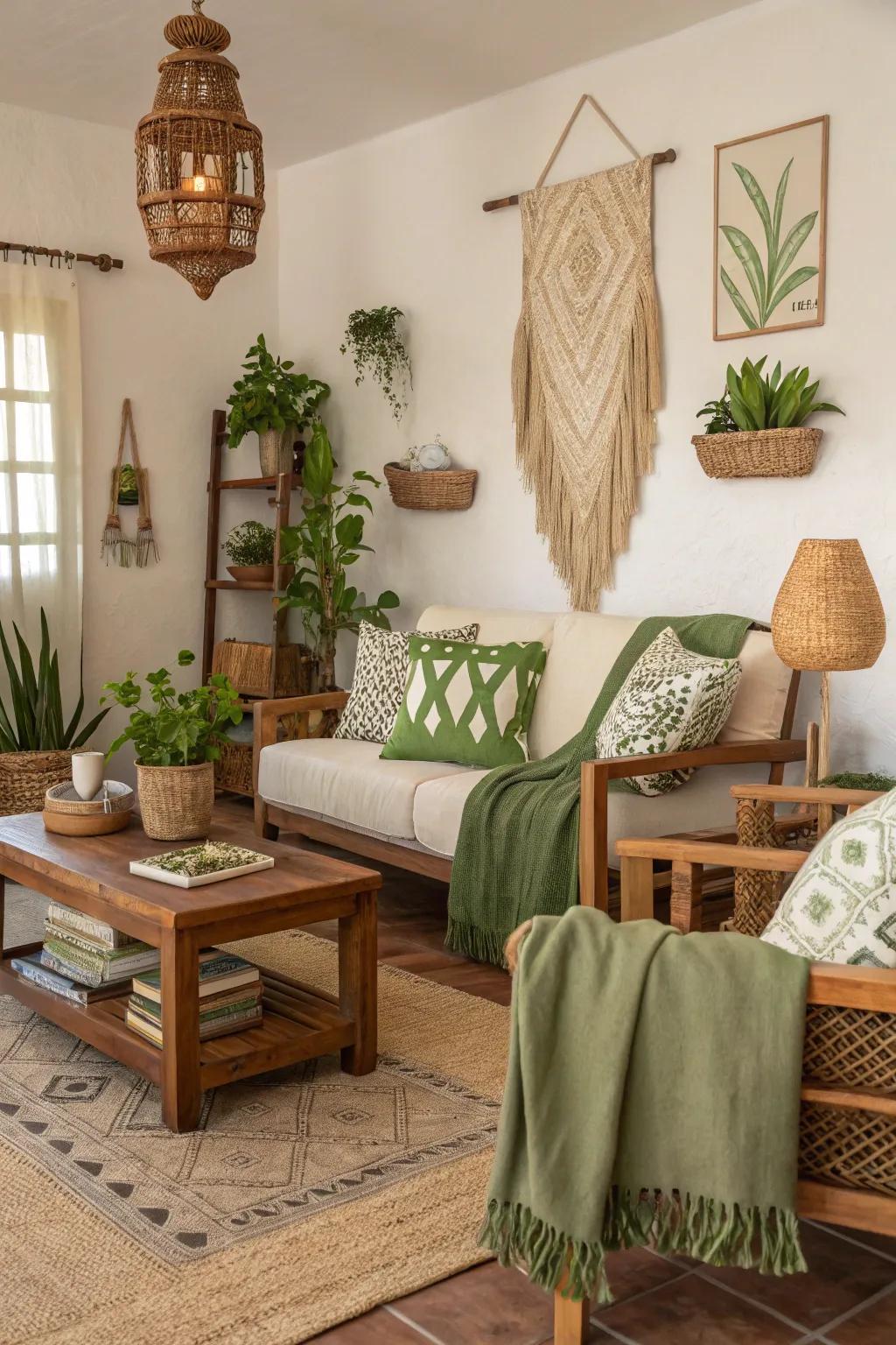 A serene living space displaying a relaxing grounded color arrangement.