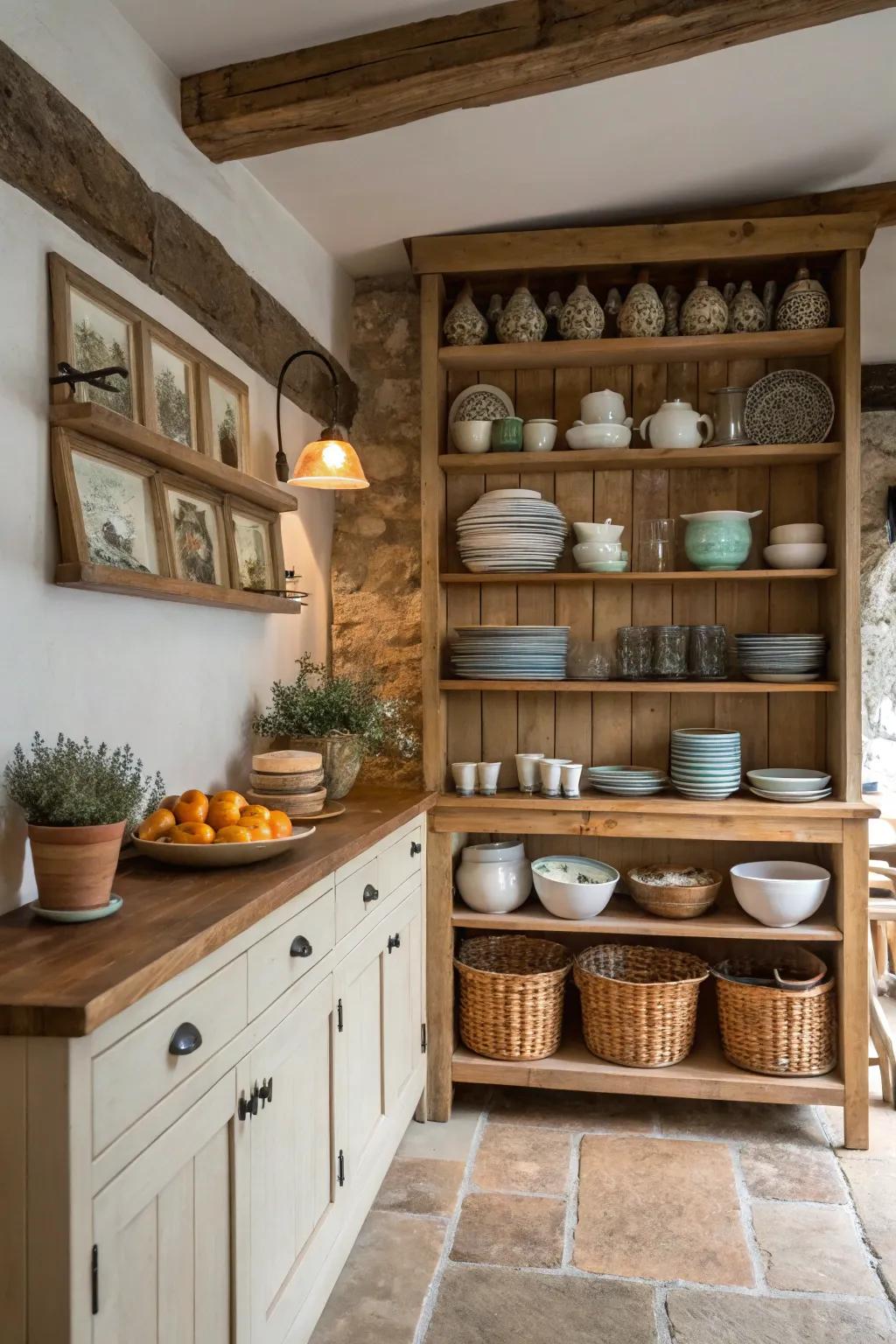 Visible racks displaying attractive dishware within a country-style kitchen.