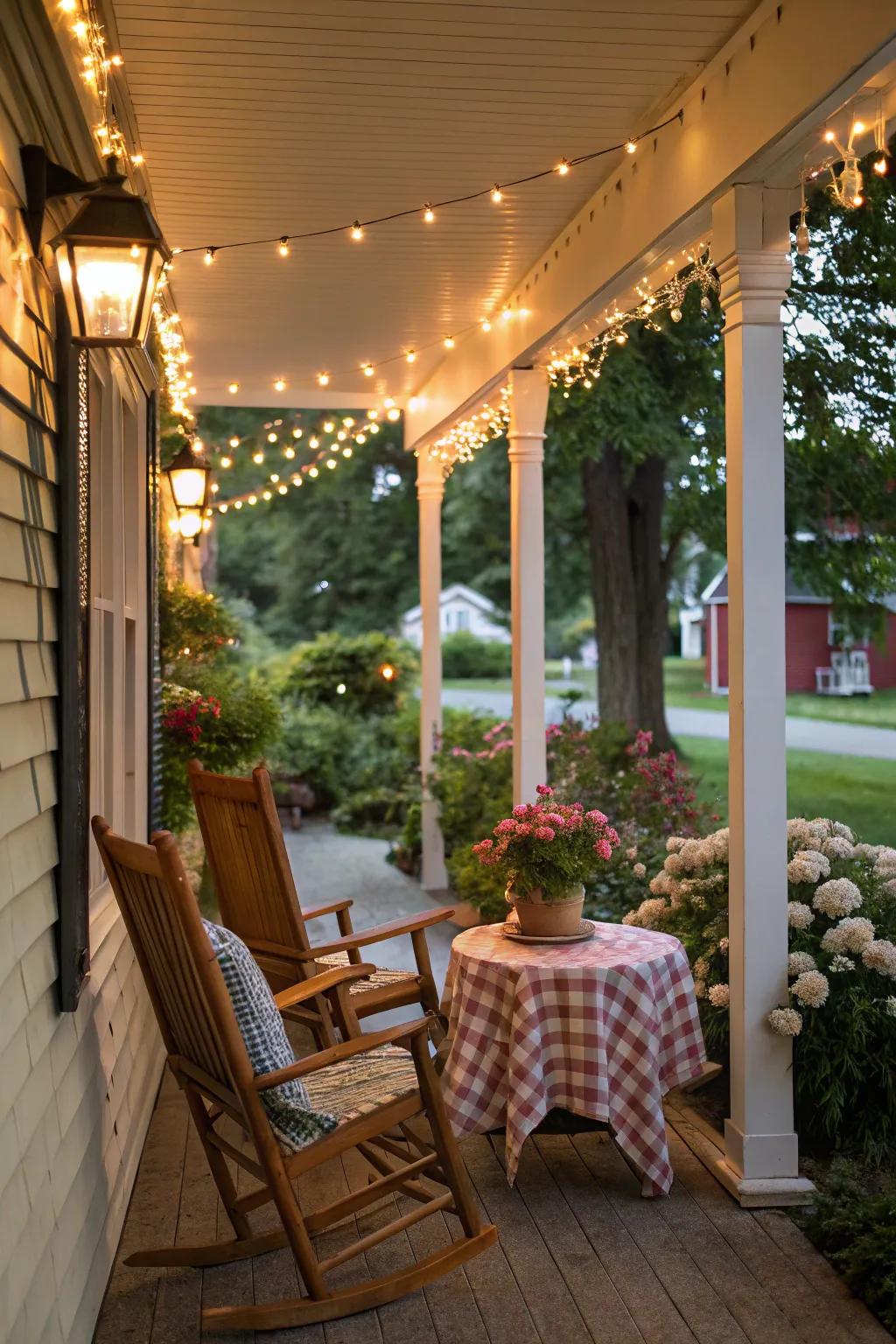 A cozy porch bathed in the glow of warm decorative lights.
