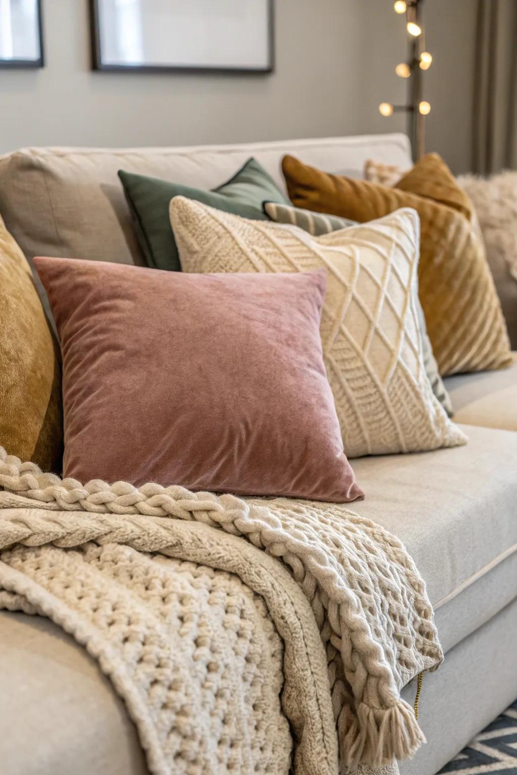 A combination of fabrics brings detail and warmth to the sofa.