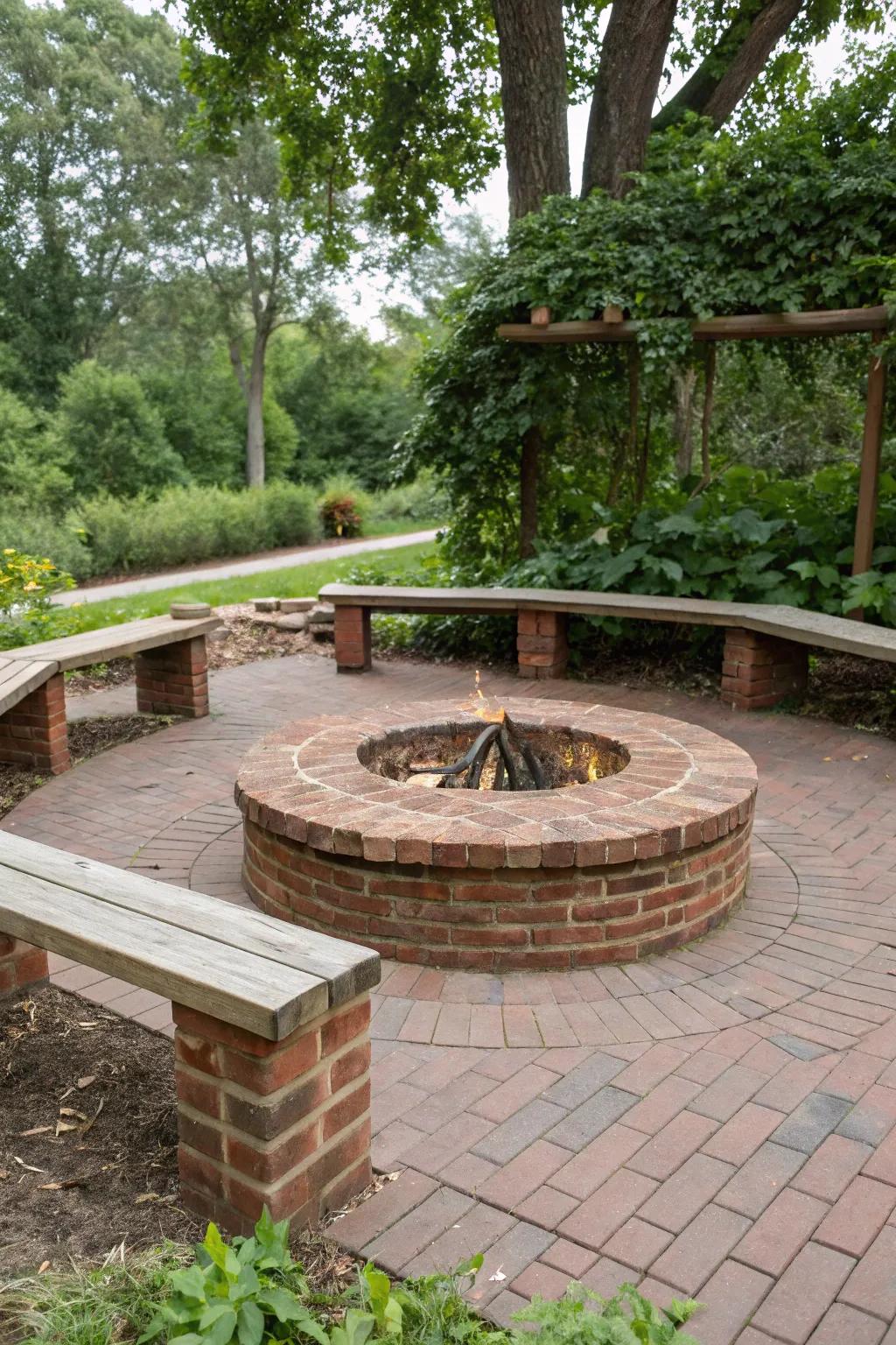 Bricks and timber work beautifully together to create an appealing countryside fire pit.
