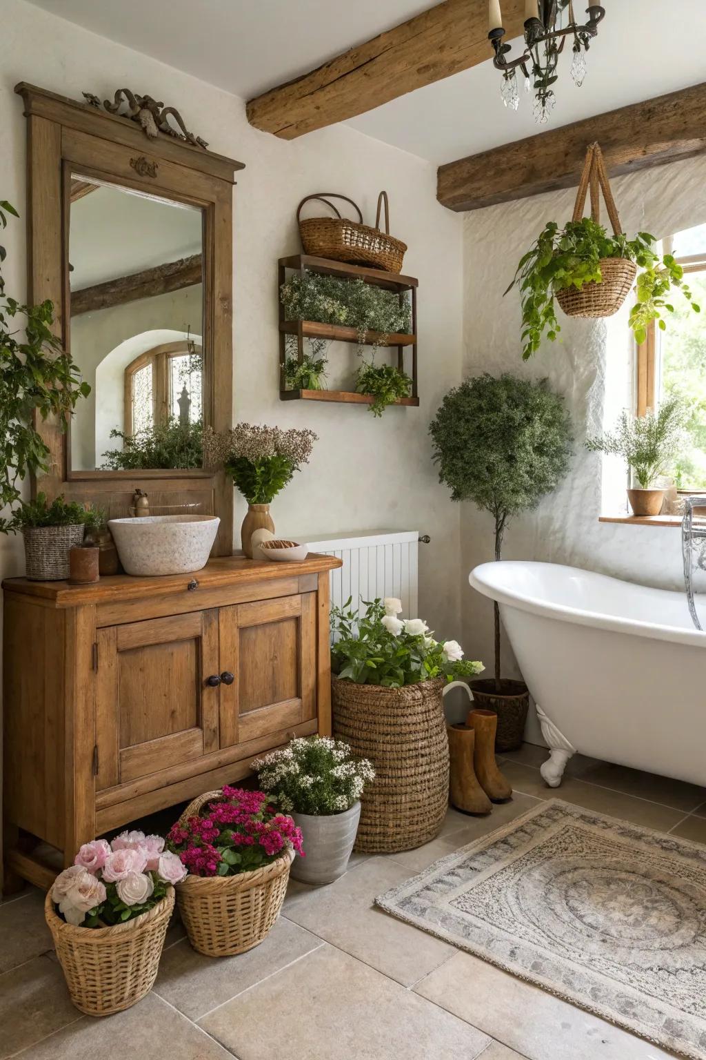 This welcoming country bathroom is brought to life by greenery.