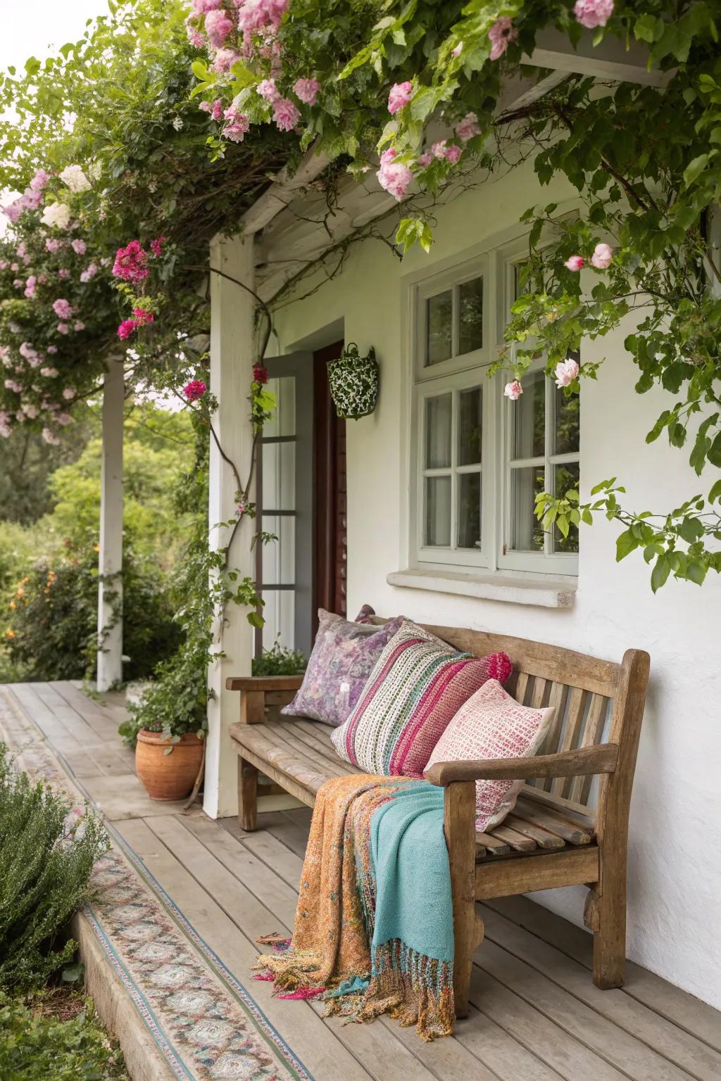 Comforting textiles grace a wooden bench on a farmhouse porch.