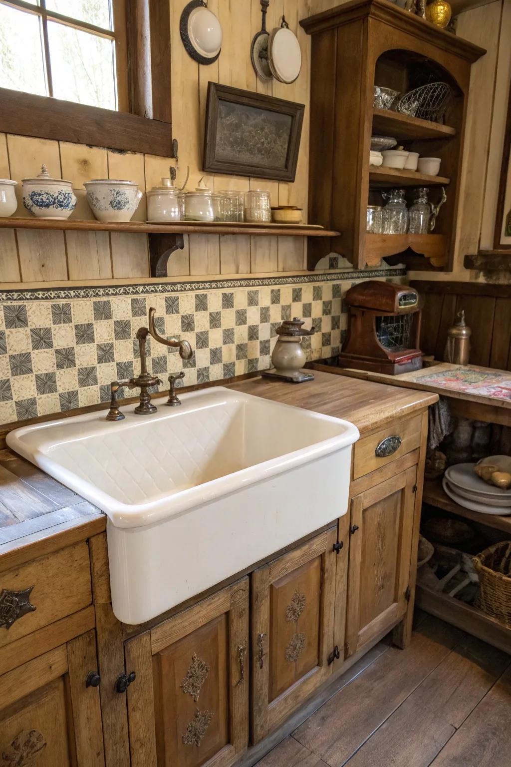 A farmhouse sink acts as a nostalgic centerpiece in your kitchen.