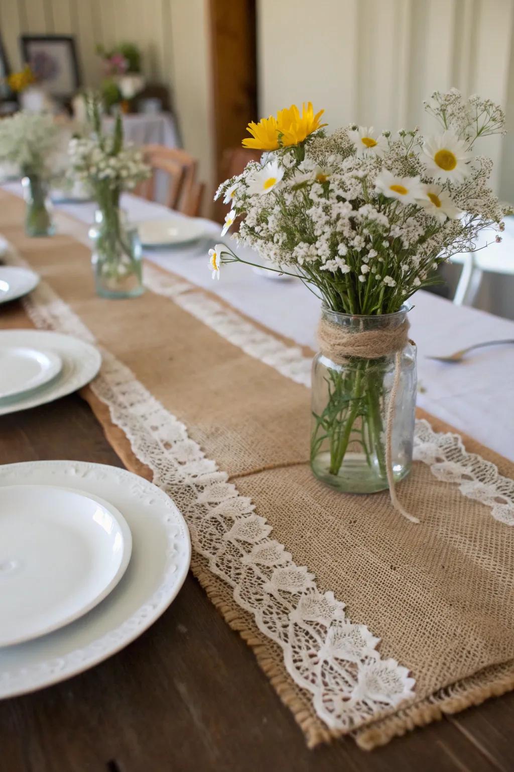 Homespun fabric and ribbon produce an elegant rustic tablescape.