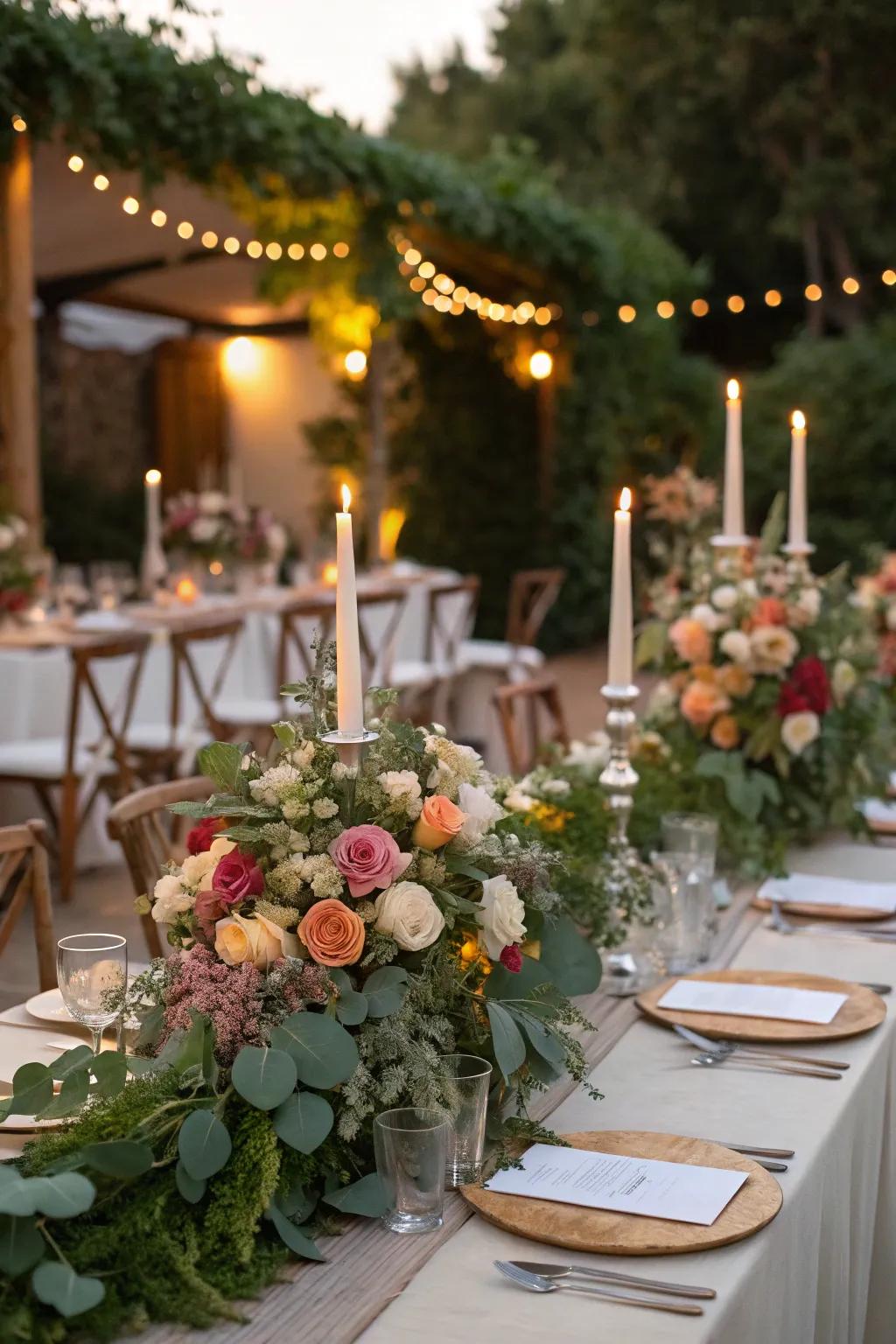 Nuptial tables embellished with vibrant botanical and verdant arrangements.