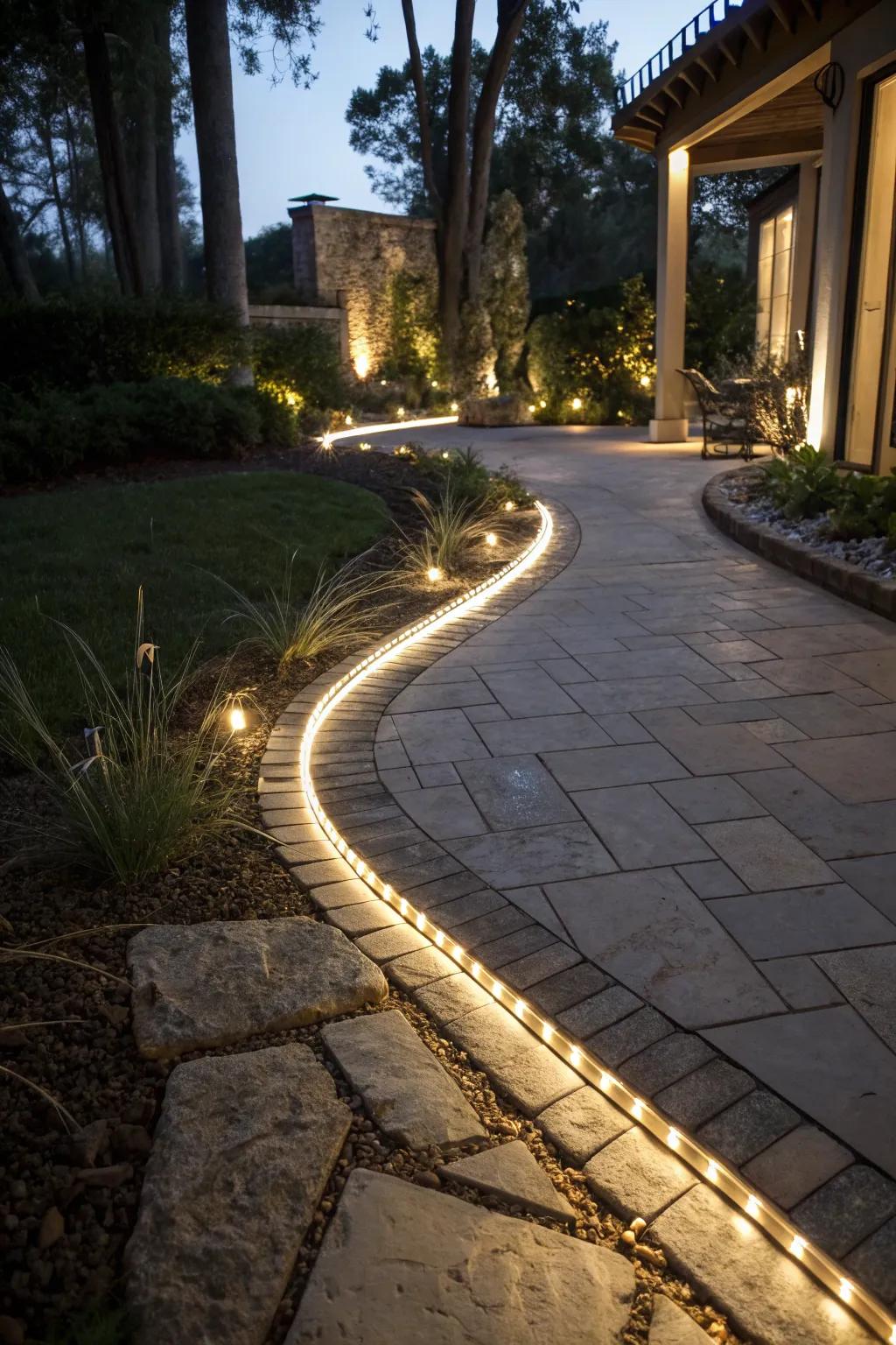 LED band lighting gracefully accentuates a courtyard pathway.