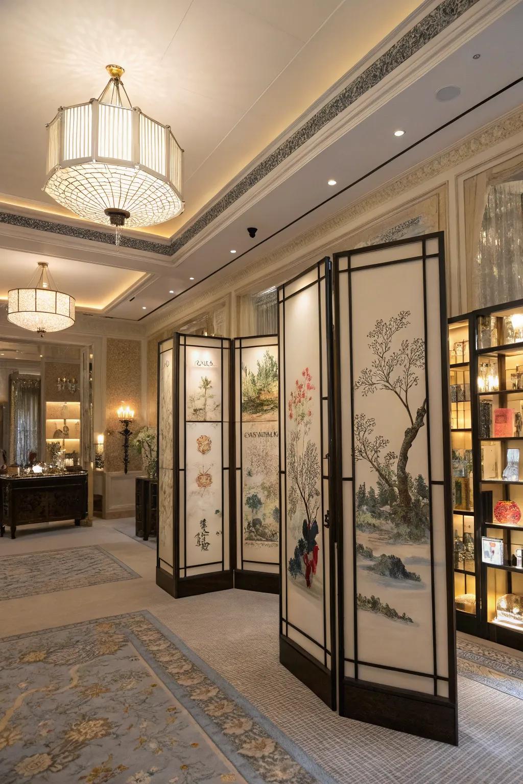 Decorative screens enhancing the visual charm of open shelves.