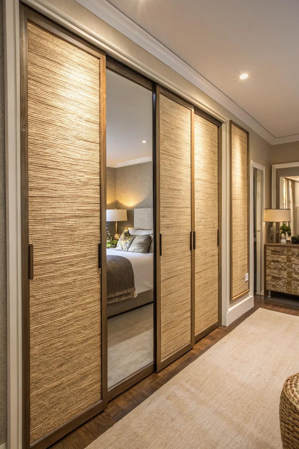 Woven wallcovering enriches texture and incorporates a hint of nature.