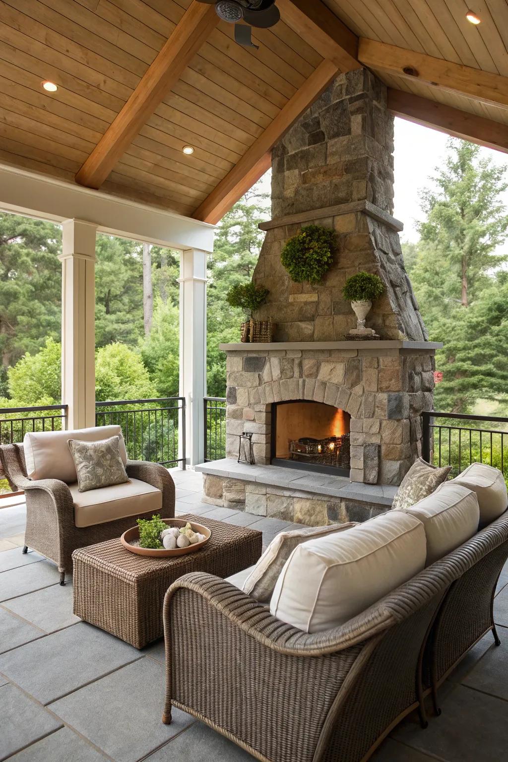 A flagstone fireplace enlivens the porch with warmth and character.