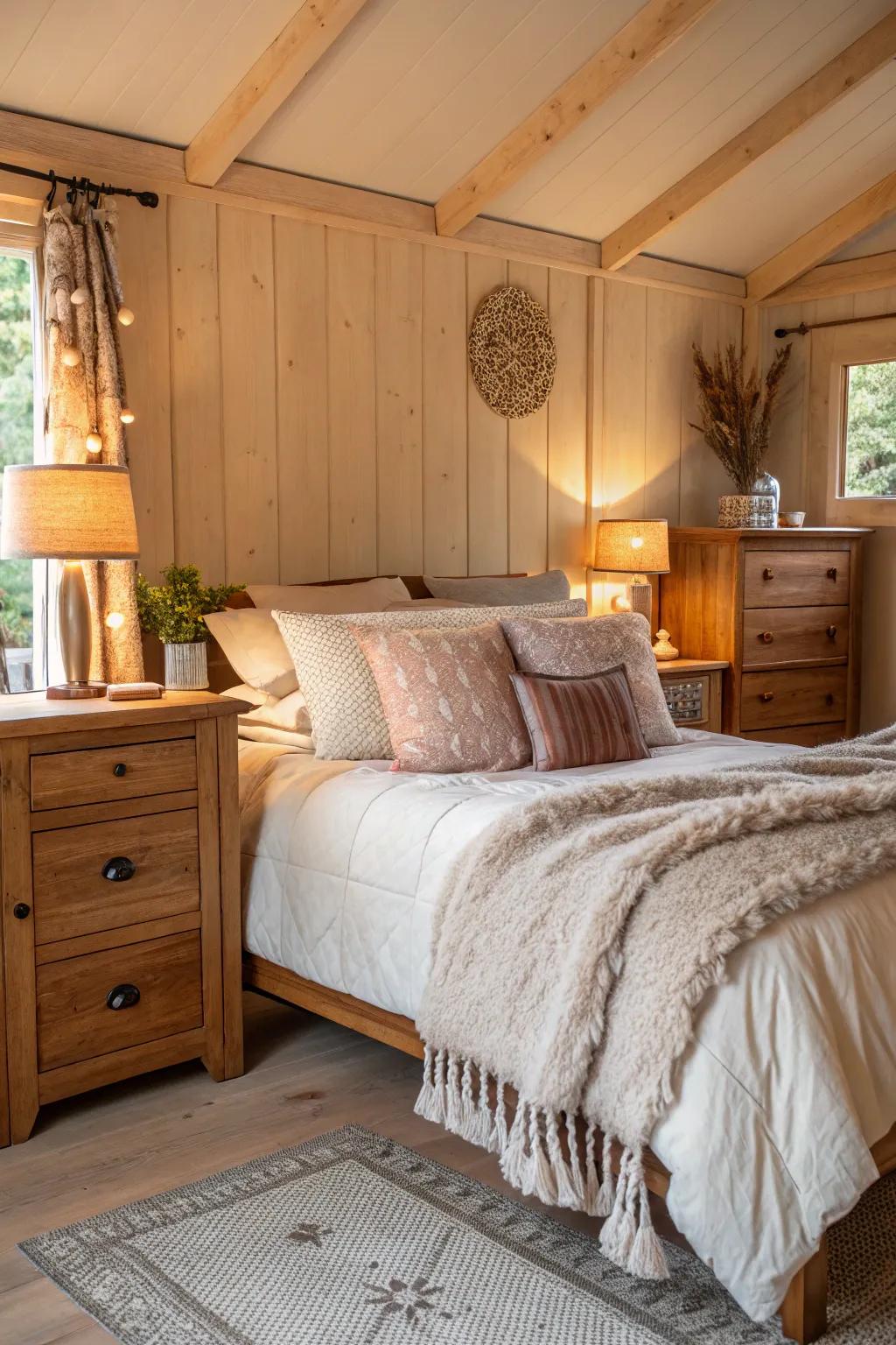 A bedroom showcasing heat-treated timber pieces and a warm, attractive atmosphere.
