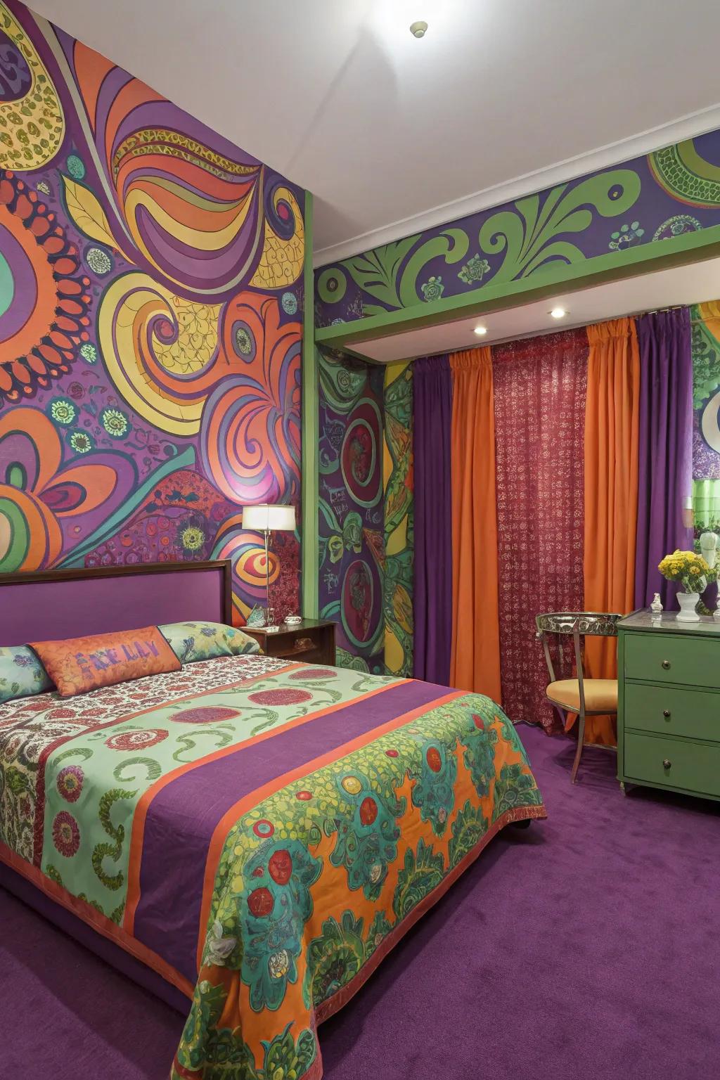 A kaleidoscope-themed bedroom featuring spirited colors and vintage designs.