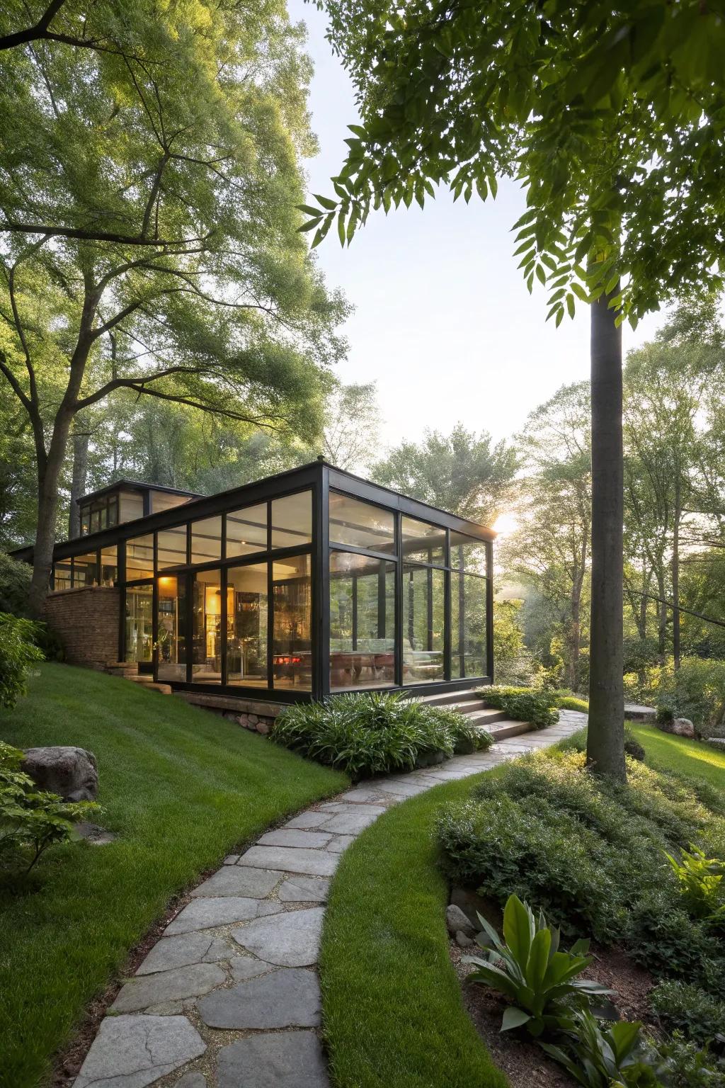 A glass house that presents impressive views and a strong connection to nature.