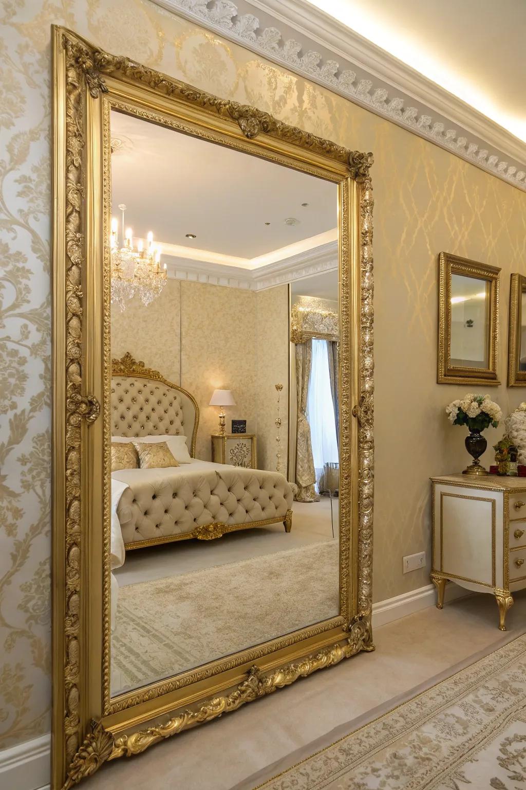 Mirrors with gilded frames contribute dimension and grace to the setting.