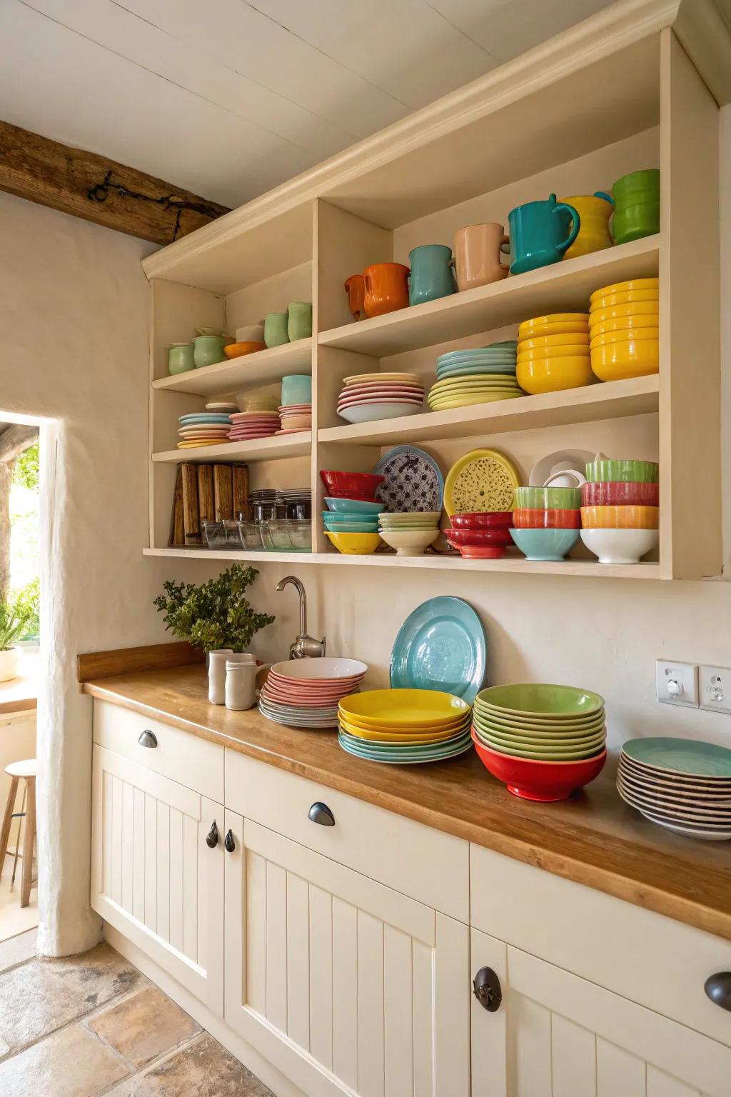 Open shelving lends a personal touch to cream kitchens.