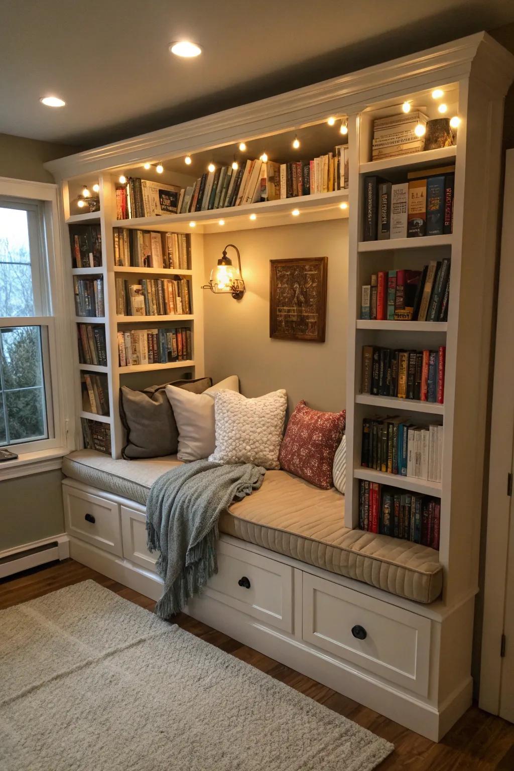 Multi-functional bookshelves maximize space while adding utility.