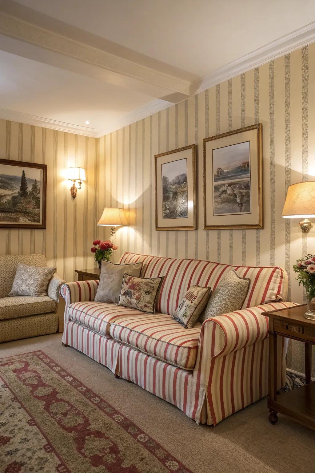 Coordinated stripes and decor establish a harmonious arrangement.