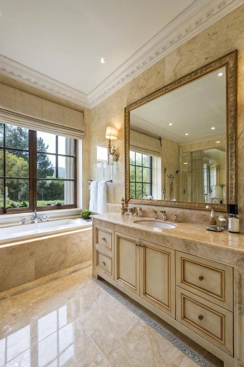 Large mirrors paired with ivory pearl enhance the sense of space.