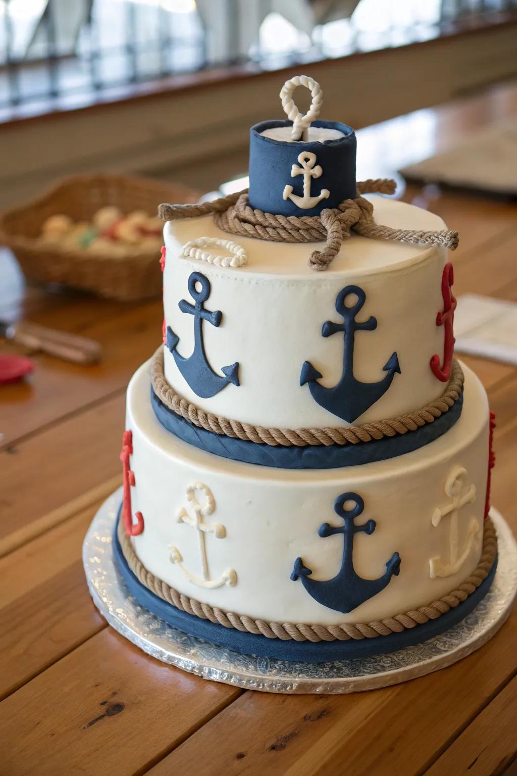 Maritime particulars such as moorings and ropes contribute charm to this confection.