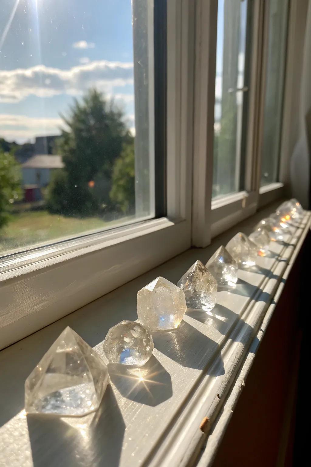 Crystals positioned on a windowsill, capturing and mirroring sunlight.