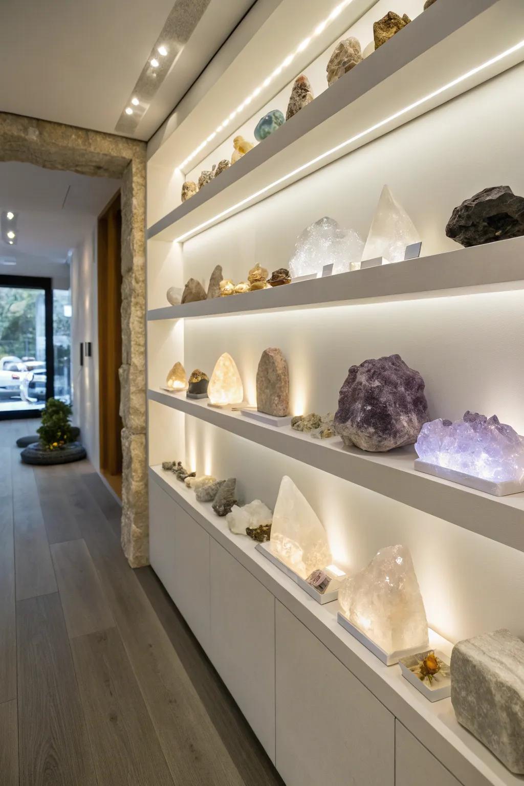 Floating ledges showcasing crystals enhanced by soft, ambient lighting.
