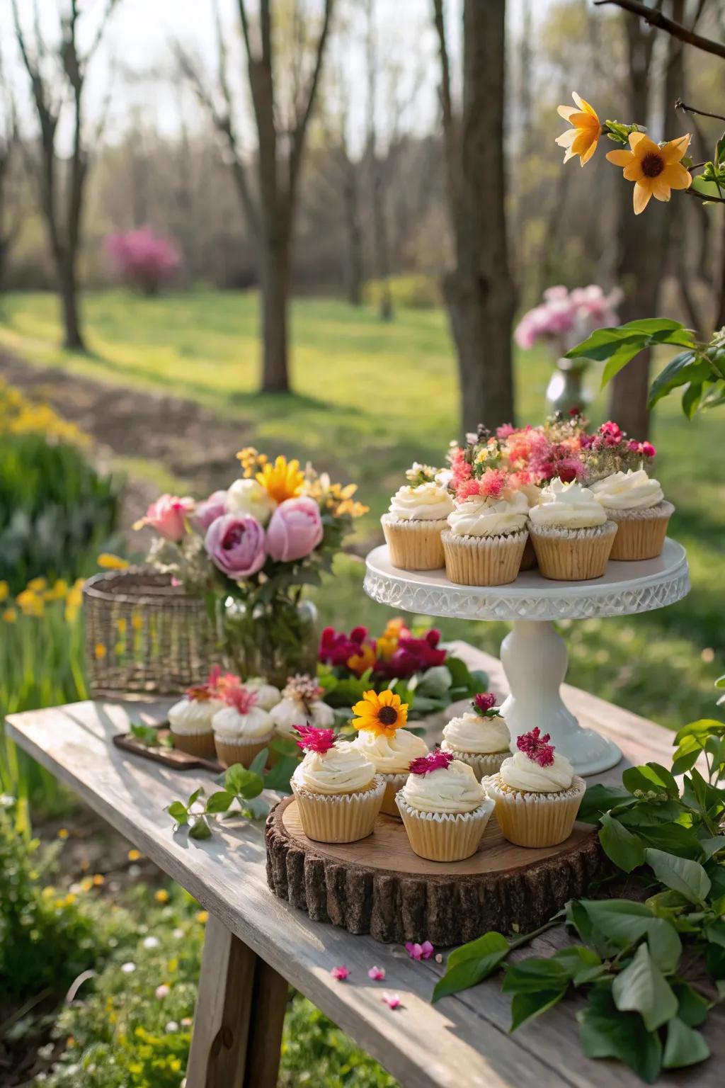 The outdoor setting enhances the natural look of the cupcakes.