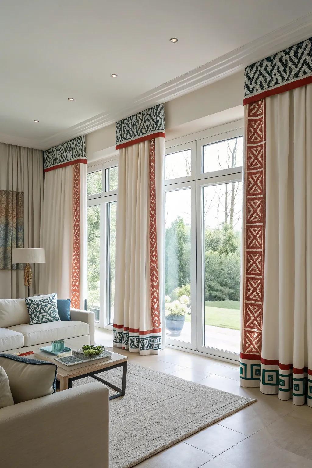 Contemporary drapes with striking symmetrical ribbon detailing.