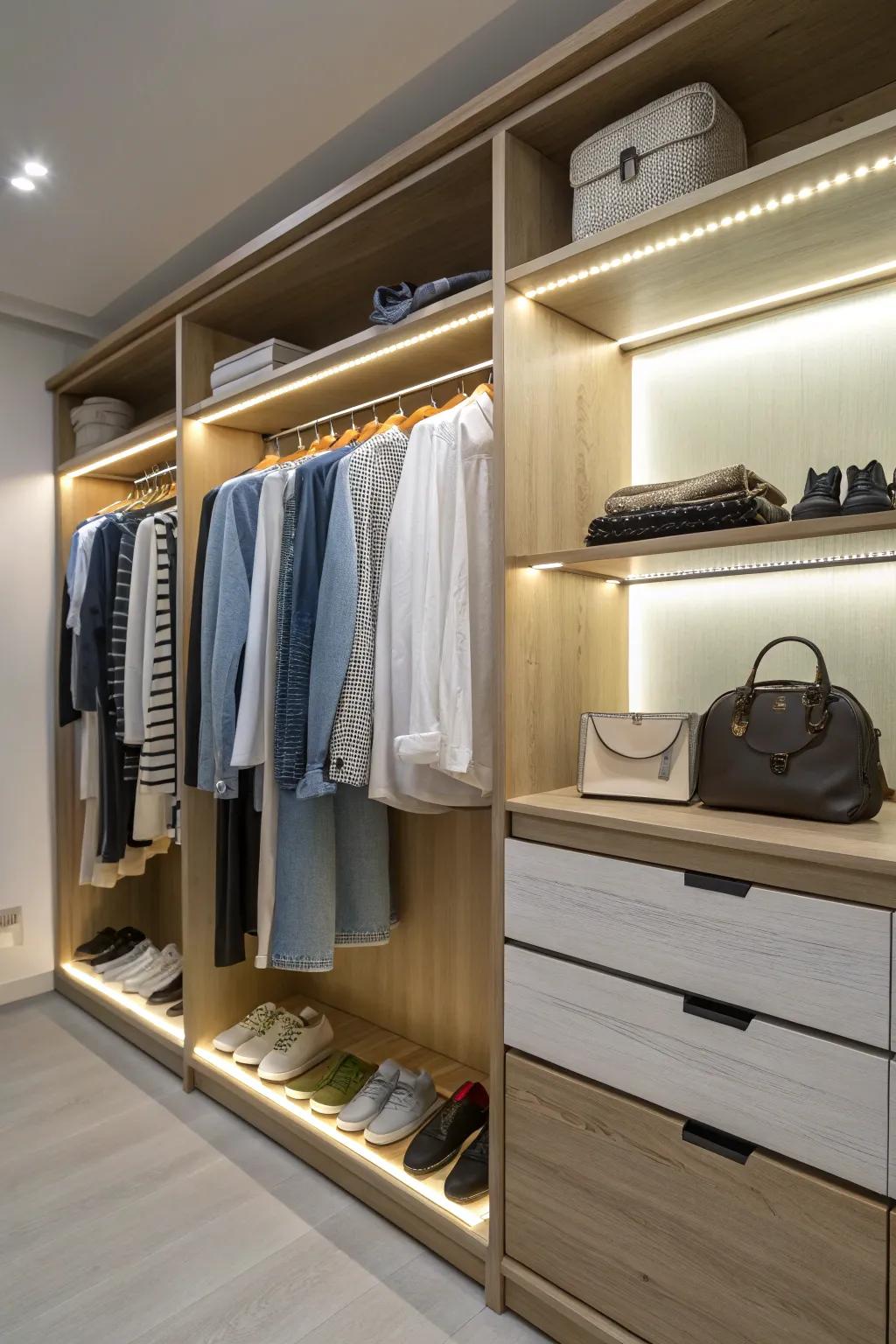 Integrated lighting enhances closet functionality and brightness.