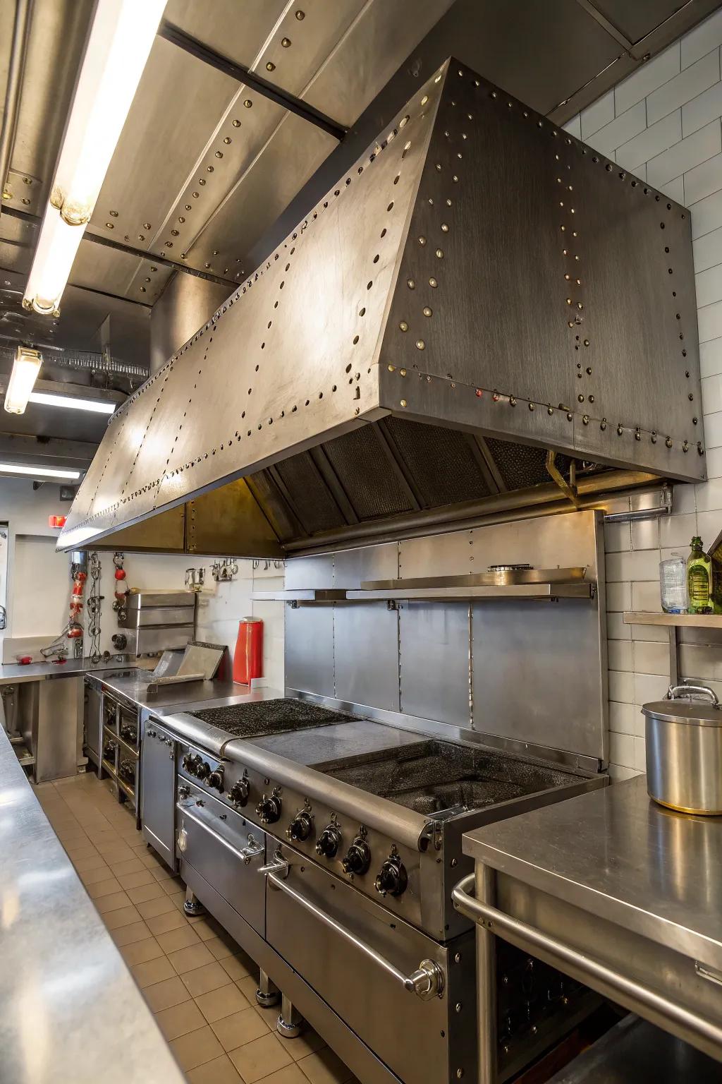 Iron range hoods contribute an industrial edge to kitchen layouts.