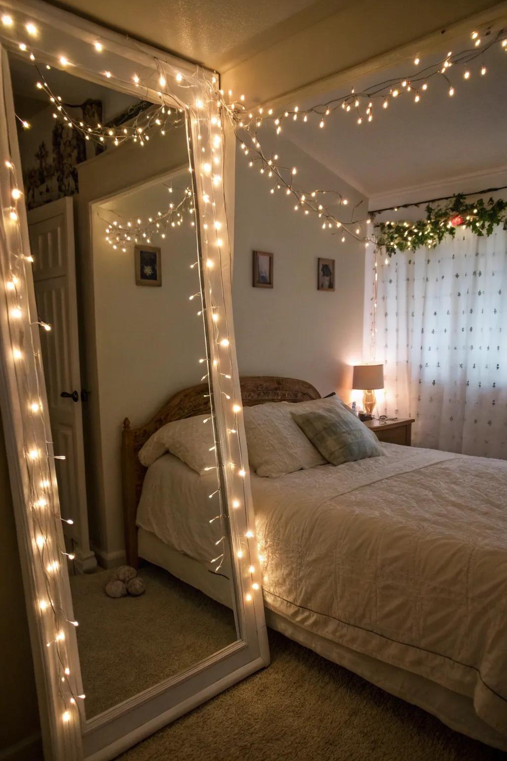 Bedroom filled with fairy lights.