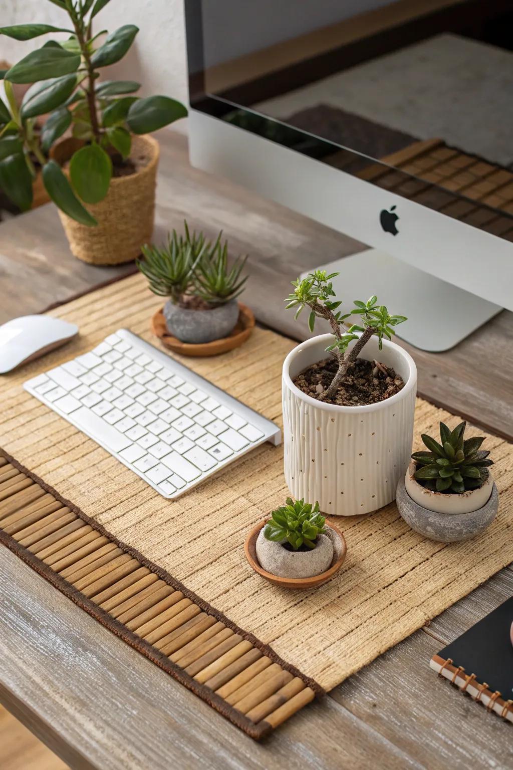 A desk showcasing small plants and a woven mat for a tranquil arrangement.