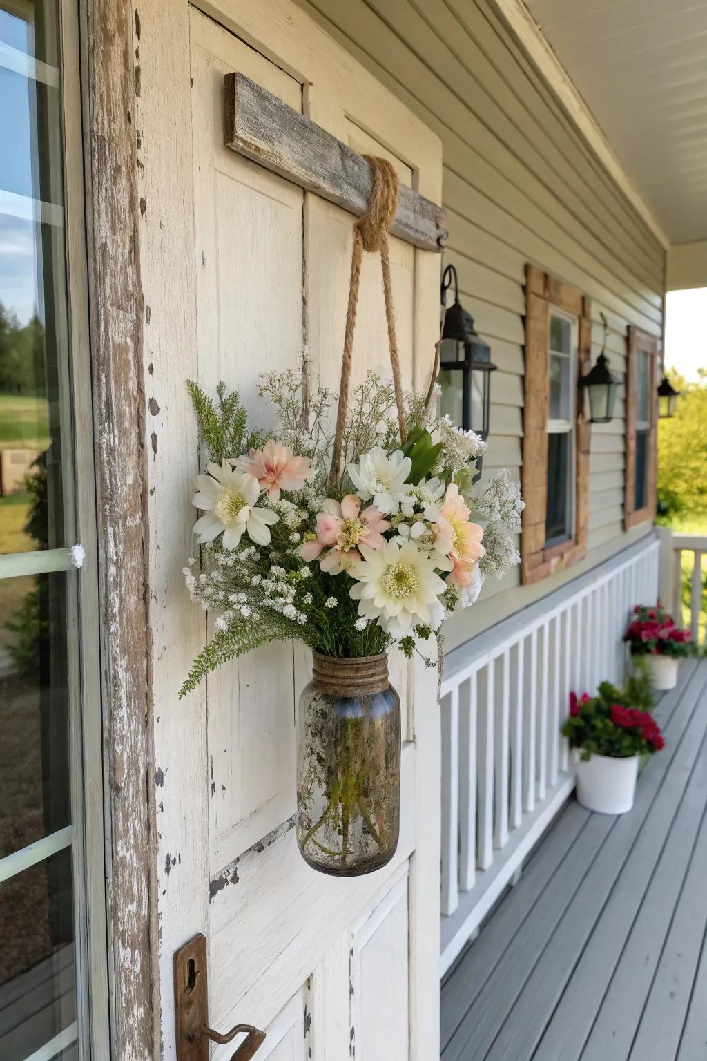 A country jar entrance piece, enriched with floral elegance.