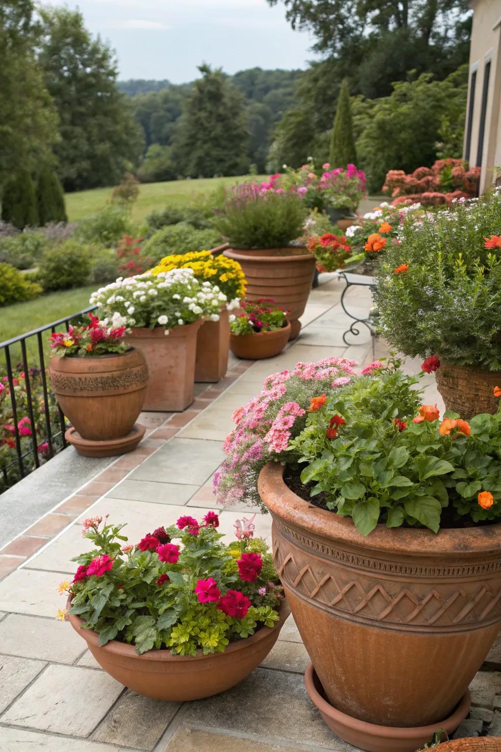 Earthenware pots contribute an enduring charm to any garden.