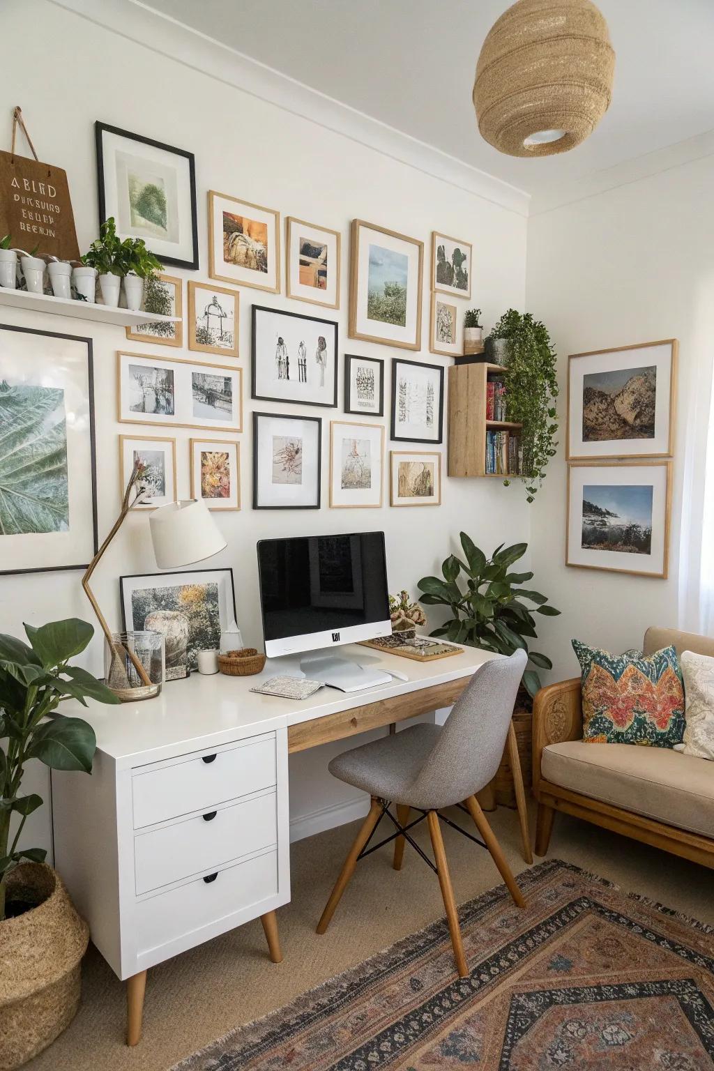 A personalized gallery wall in a home office, showcasing art prints and personal photos.