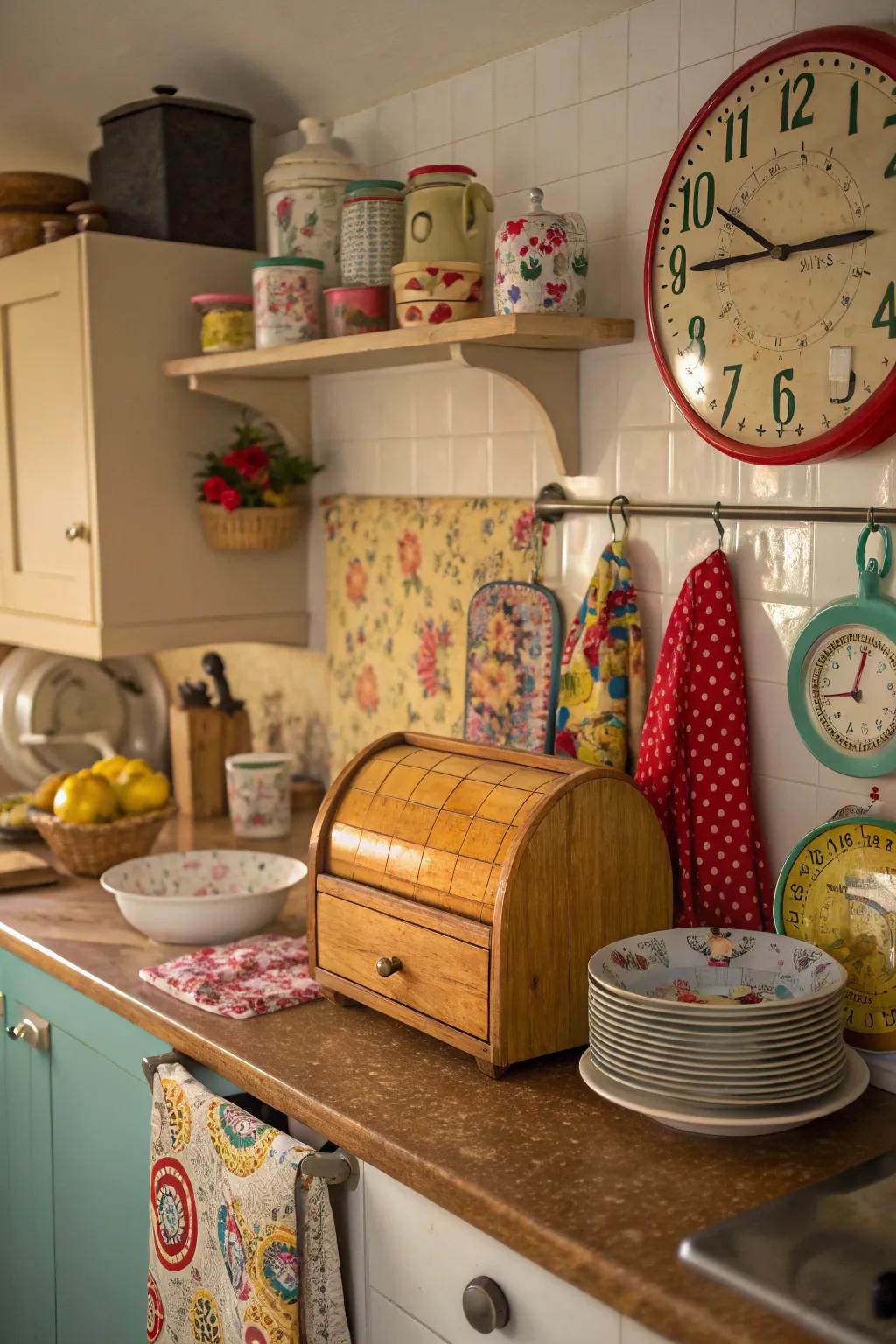 Retro adornments impart distinctive character to the cooking area.