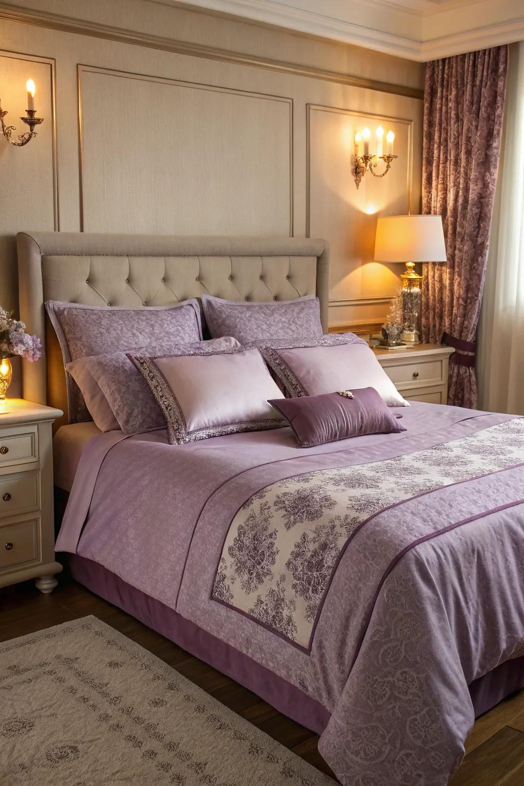 Luxurious purple bedding creating a cozy retreat.