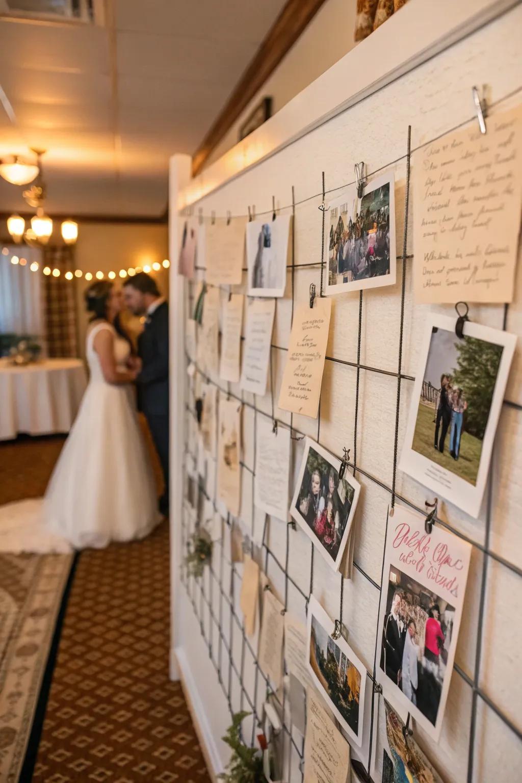 An engaging keepsake wall filled with personal photos and notes.