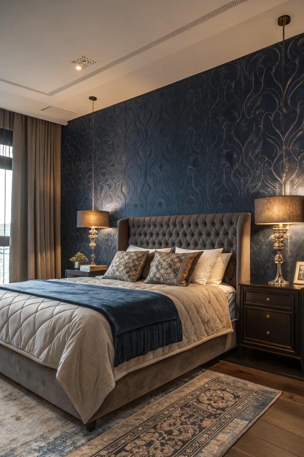 Textured deep indigo wall coverings enriches your space.
