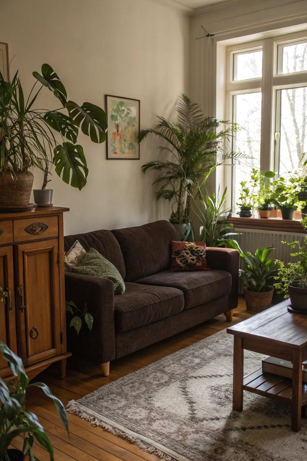 Organic elements complement the comforting hues of a dark brown sofa.
