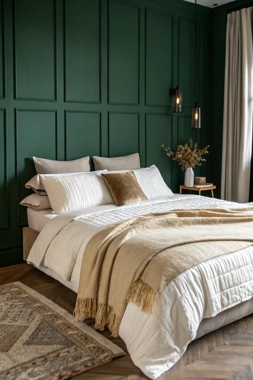 A shadowy jade bedroom presenting stratified bedding in alabaster and creamy shades.