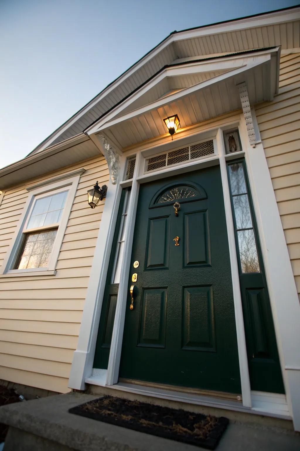 The forest-toned door distinctly stands out against a gentle beige backdrop.