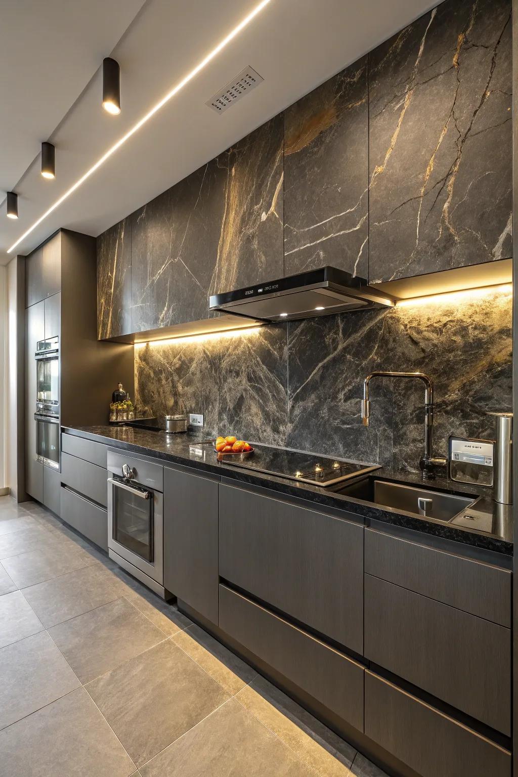 A kitchen featuring a dark rock backsplash enhanced by modern fixtures.