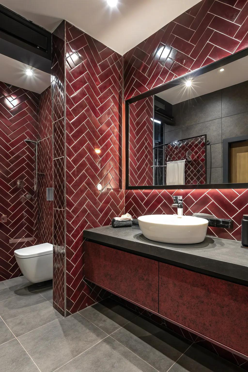 Patterned crimson tiles contribute texture and visual appeal to your restroom.