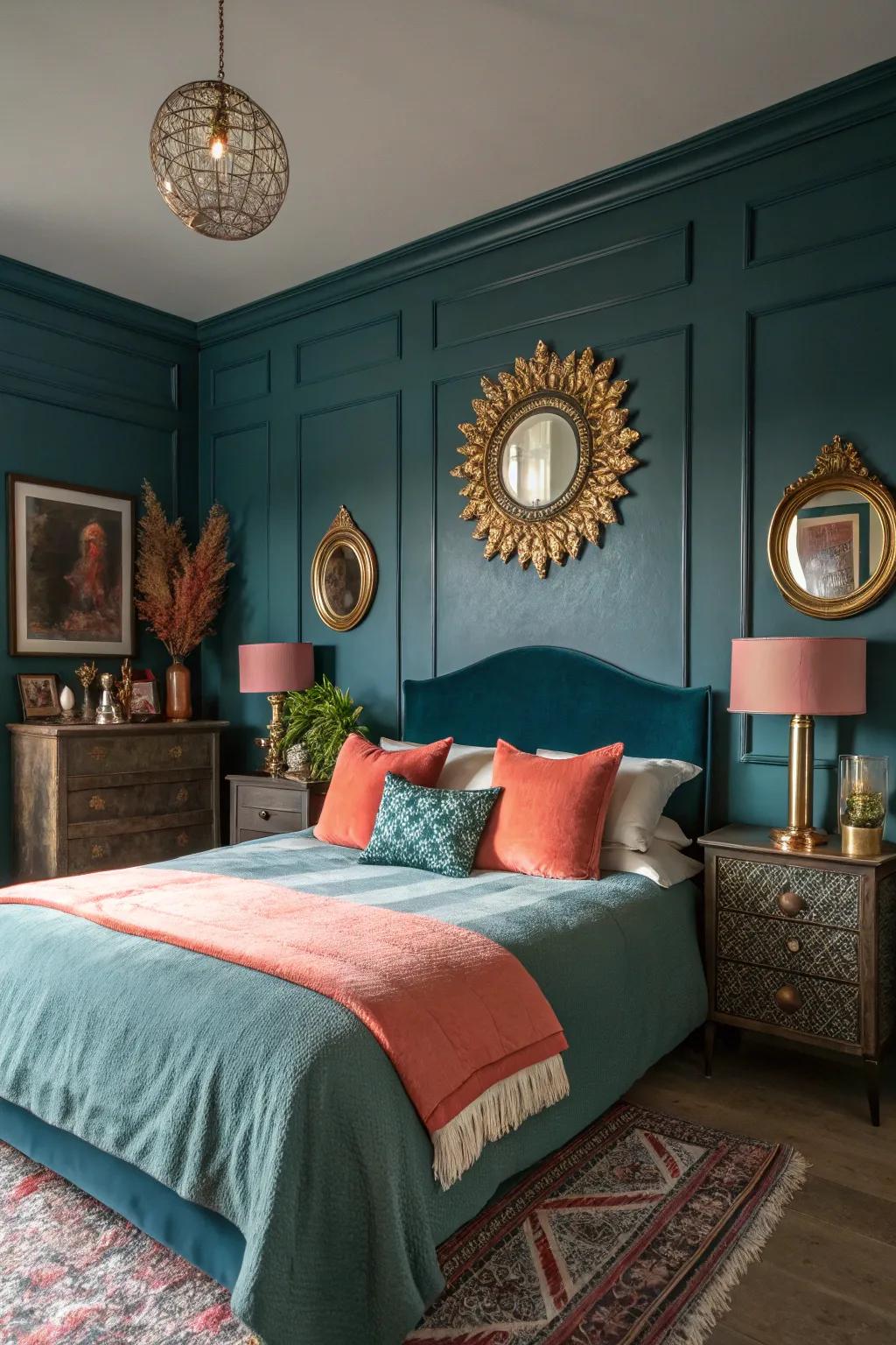 Roseate and gilded accents breathe vitality into dark teal.