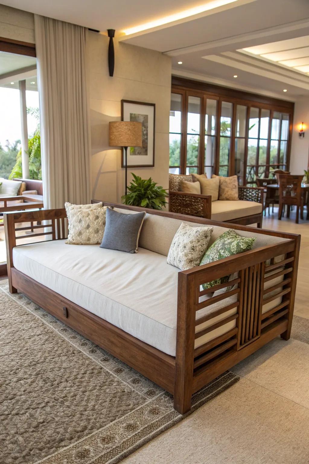 A daybed elegantly serves to divide open living quarters.
