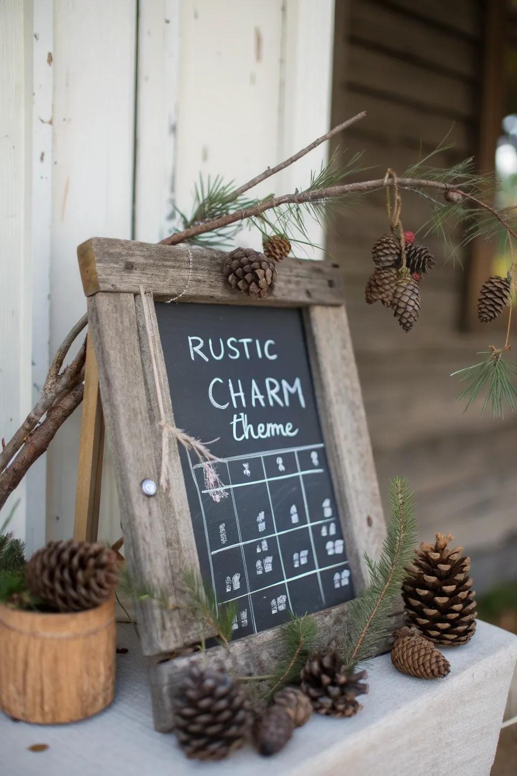 A rustic-themed chalkboard calendar decorated with natural elements.