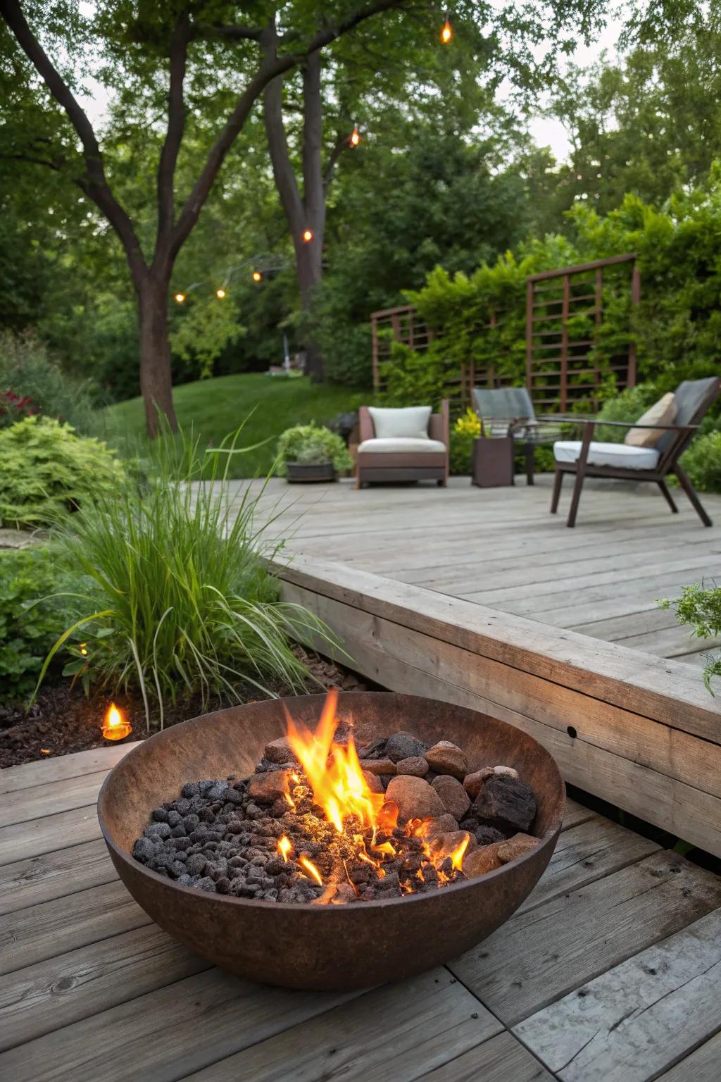 Harmonize your hearth with nature using a ground-level design for a flawless transition.