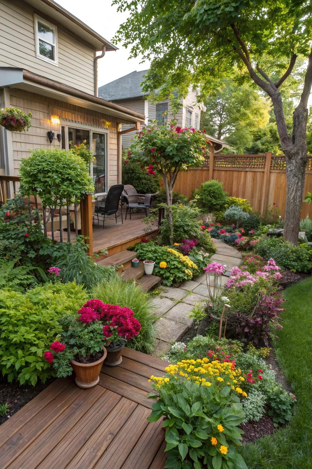 A diverse plant mix enriches a deck with depth and vibrancy.