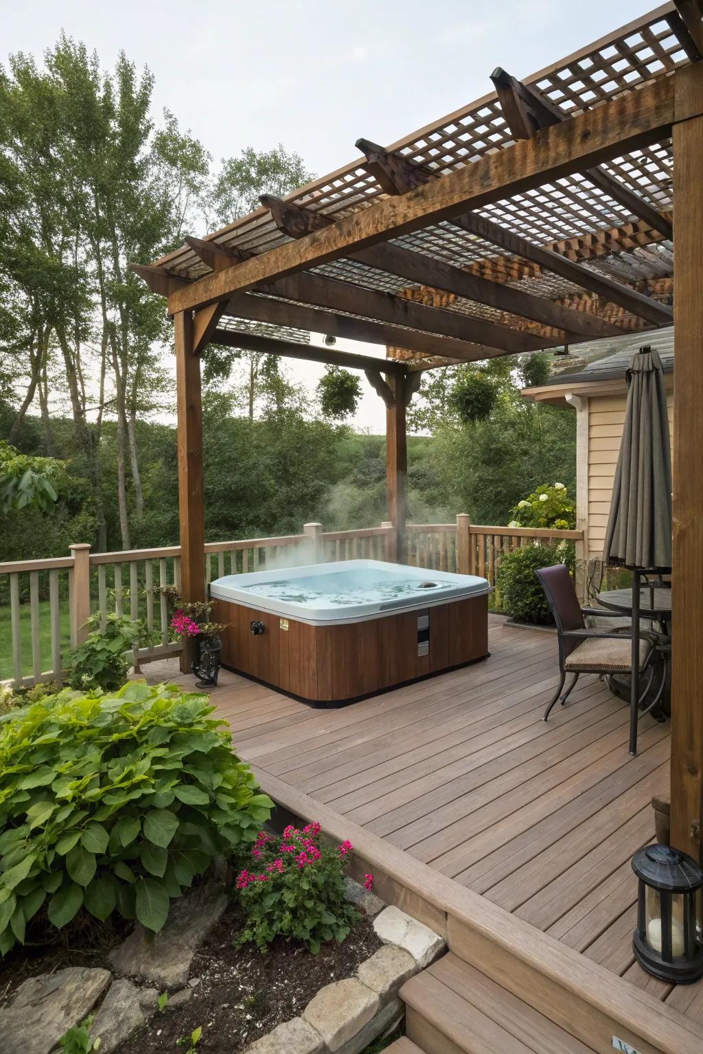 A fashionable canopy providing shade and structure over a hot tub.