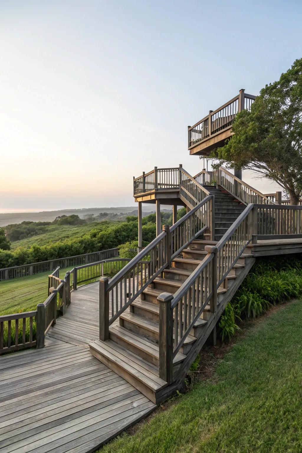 Construct engaging areas with multi-tiered deck stairs.